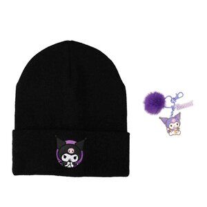 Kuromi Embroidered Beanie with Kuromi Heart Shaped Keychain With Charms Gift Set